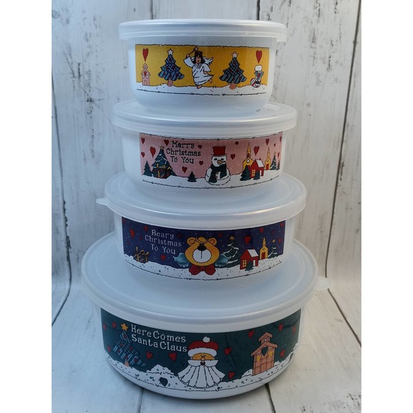 Vtg Country Christmas 4 Enamel Stacking Bowls w/ Lids Santa Snowman Bears Hearts - Picture 2 of 4